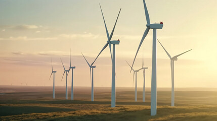 Clean Energy Source: Wind Turbines Generating Power on a Farm. Generative AI.