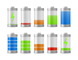 Full charged and discharged accumulators with colorful glow. Discharged and various level energy alkaline batteries infographic set. Vector illustration