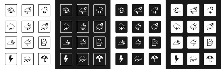 Set Storm, Cloud with snow and sun, Earth planet clouds, Rainbow rain, Weather forecast and Windy weather icon. Vector