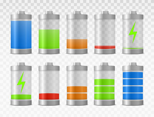 Set of realistic battery charge indicators with low and high energy levels isolated on transparent background.  Electric power accumulators bundle. Vector illustration.
