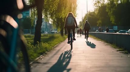 Beautiful Bike Path with People Bicycling. Generative AI.