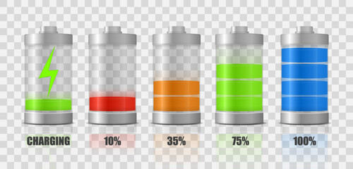 Set of realistic battery charge indicators with low and high energy levels isolated on transparent background.  Electric power accumulators bundle. Vector illustration. © Ole moda
