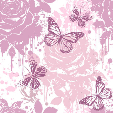 Pink roses with paint blots seamless pattern with butterflies. Vector illustration