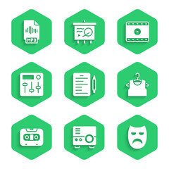 Set Scenario, Media projector, Drama theatrical mask, Sleeveless T-shirt, Retro audio cassette tape, Sound mixer controller, Play Video and MP3 file document icon. Vector