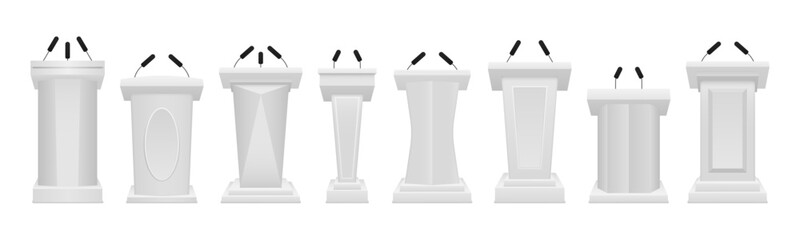 The artistic design of the grandstand stands. Front view pedestals for lecture, award ceremony, press interview. Realistic different white podiums with microphones. Vector illustration.  