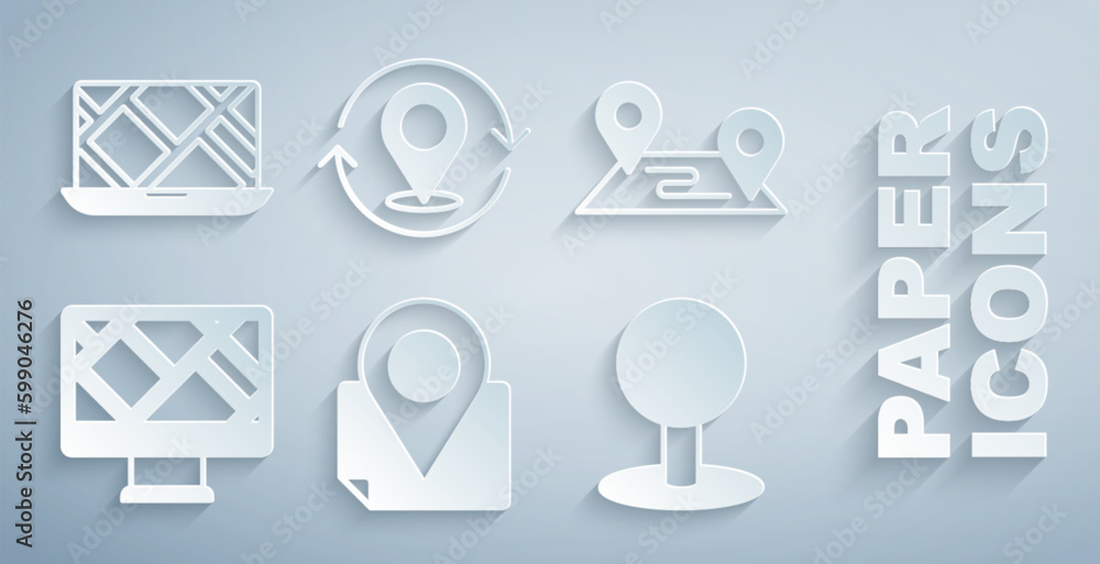 Poster set folded map with location marker, route, monitor, push pin, map and city navigation icon. vector