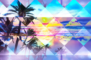 Diseño abstracto de verano y vacaciones. Cielo de puesta de sol  y palmeras, fondo geometrico panorámico de verano. - obrazy, fototapety, plakaty