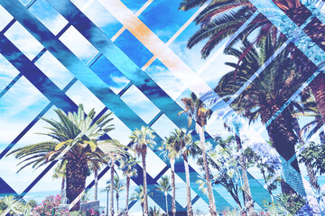 Diseño abstracto de verano y vacaciones. Cielo de puesta de sol  y palmeras, fondo geometrico panorámico de verano. - obrazy, fototapety, plakaty