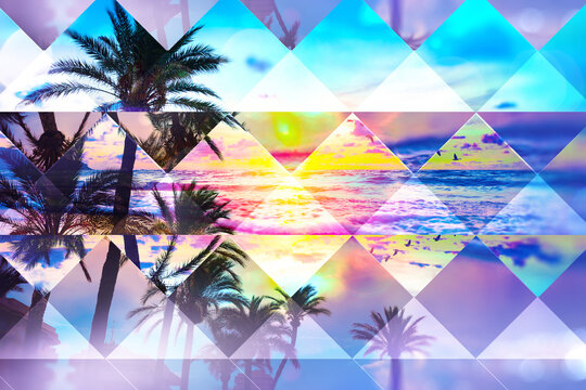 Diseño abstracto de verano y vacaciones. Cielo de puesta de sol  y palmeras, fondo geometrico panorámico de verano.
