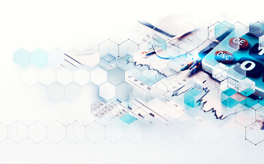 Fondo de tecnologia y finanzas. Formas geométricas en blanco y azul. Concepto de banca digital y...
