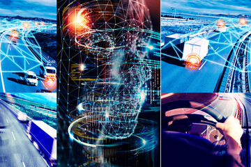 Negocio logístico. Almacenamiento y transporte de mercancías. Transporte para empresas logísticas. Conducción autónoma e inteligencia artificial para la entrega de mercancías por camiones. © C.Castilla