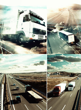 Negocio logístico. Almacenamiento y transporte de mercancías. Transporte para empresas de logística. Entrega de mercancías en camiones. Collage logístico. Corporación de transporte.
