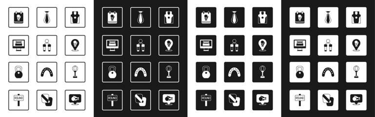 Set Boxing jersey and t-shirt, Jump rope, ring, glove, Punching bag, and Weight icon. Vector