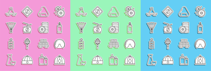 Set line Chinese hat, fortune cookie, Firework, Sushi, drum, Paper chinese folding fan, Dumpling on cutting board and Yuan currency icon. Vector