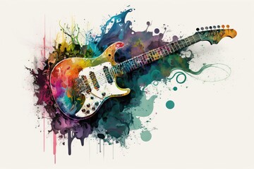 Colorful electric guitar on grunge watercolor splashes background