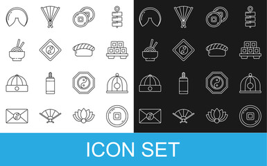 Set line Chinese Yuan currency, hat, Sushi on cutting board, Yin Yang, Asian noodles bowl, fortune cookie and icon. Vector