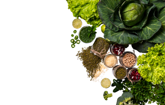 Organic vegetables on isolated png background farming and healthy food copy space flat lay presentation frame