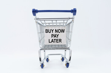 On a white background is a shopping cart with a sign that says - Buy Now Pay Later