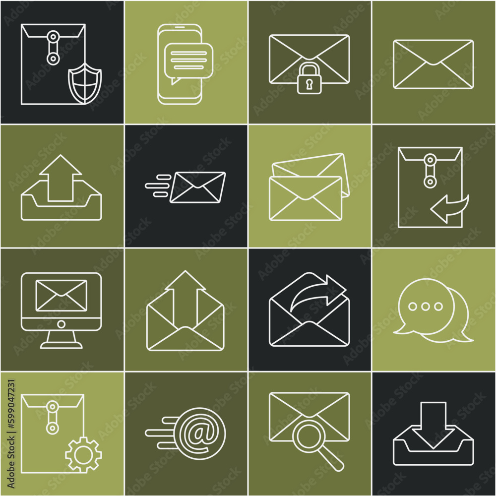Poster set line download inbox, speech bubble chat, envelope, mail message lock password, express envelope,