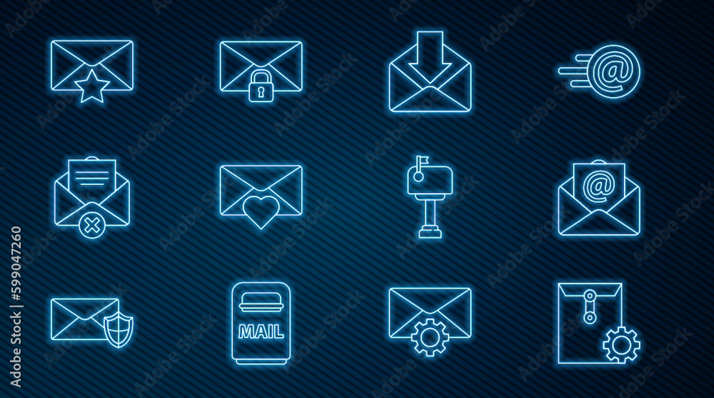 Poster set line envelope setting, mail and e-mail, with valentine heart, delete envelope, star, box and mes