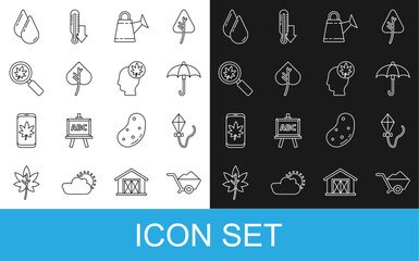 Set line Wheelbarrow with dirt, Kite, Umbrella, Watering can, Leaf or leaves, Magnifying glass leaf, drop and Human head icon. Vector