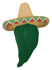 Mexican design with chili pepper wearing a charro hat in cartoon style, Vector illustration