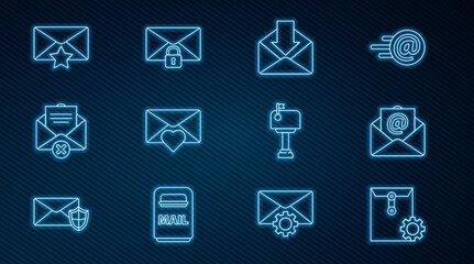 Set line Envelope setting, Mail and e-mail, with Valentine heart, Delete envelope, star, box and message lock password icon. Vector