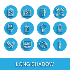Fototapeta premium Set line Crossed paint brush, Speech bubble with text art, Picture, Palette, Paint, Marker pen, Easel or painting boards and Light bulb icon. Vector