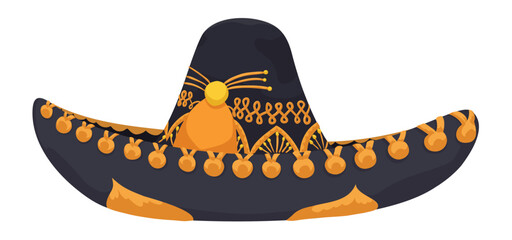 Big mariachi hat with gold embroidery in cartoon style, Vector illustration