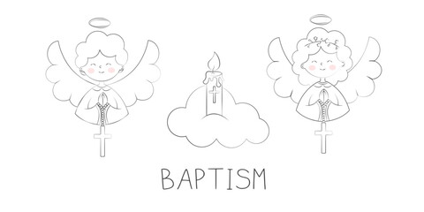 Cute Angels Girl and Boy in Festive Attire with Folded Hands on the Chest for Prayer and a Cross Hanging on the Folded Hands Cloud and Candle Vector Illustration Banner for Baptism in Doodle Style