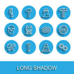 Set line Hammer and wrench spanner, Wrench, Hacksaw, Traffic cone, Hexagonal metal nut, Road barrier, Electrical outlet and Bricks icon. Vector