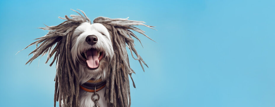 Happy dog with dreadlocks on a blue  background. Space for text, banner, ai generated	
