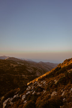 View from the top of the mountain Zas in Leykada island in Greece during sunset in summer 