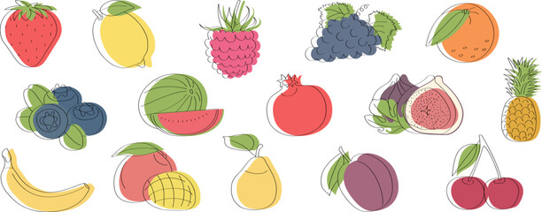 Fototapeta na wymiar Vitamin C fruits and berries set - flat cartoon vector illustration. Doodle template for children's educational books and magazines and packaging for juices and diet food.