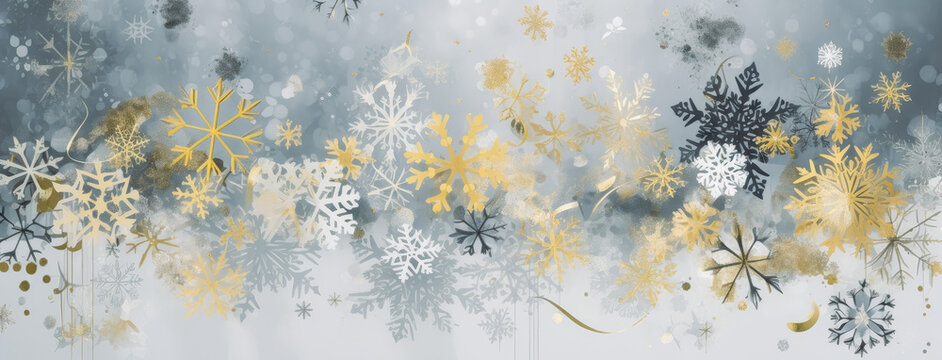 Gold and white snowflakes, in the style of silver and gold, loose linework, in the style of painterly brush strokes. Generative Ai.