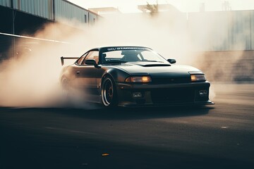A high-performance sports car drifting around a sharp curve with smoke billowing from the tires - obrazy, fototapety, plakaty