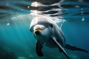 Fototapeta premium Cute dolphin swimming under water and looking at camera. Generative AI