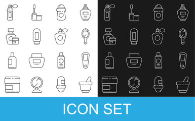 Set line Mortar and pestle, Hand mirror, Antiperspirant deodorant roll, Cream lotion cosmetic tube, Perfume and icon. Vector