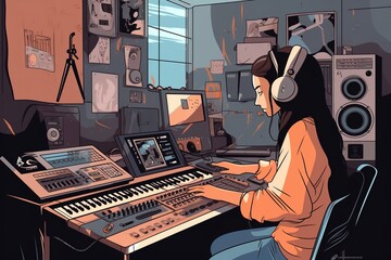 Illustration of young woman digital recording new music in recording studio. Generative AI