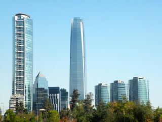 Fototapeta premium Bicentennial Park and business buildings, Santiago, Chile