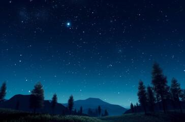 Naklejka premium The stars are shown in the blue sky at night, in the style of photo-realistic landscapes, a simple, soft atmospheric perspective. Generative Ai. 