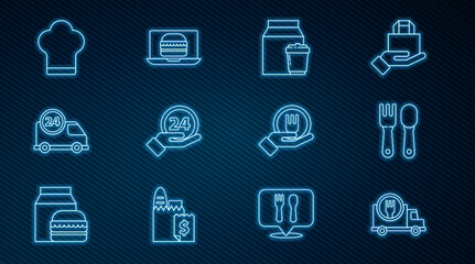 Set line Fast delivery by car, Fork and spoon, Online ordering, Clock 24 hours, Chef hat, and burger icon. Vector