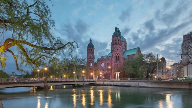 St. Lukas church in Munich at dusk, Germany (time-lapse video)

