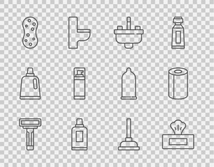 Set line Shaving razor, Wet wipe pack, Washbasin with water tap, Bottle for cleaning agent, Sponge, gel foam, Rubber plunger and Paper towel roll icon. Vector