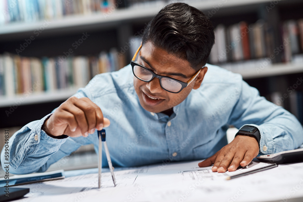 Poster brilliance encompasses his brand. a young architect using a compass to draw a building plan.