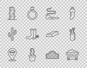 Set line Location cowboy, Coal mine trolley, Smoking pipe, Cactus peyote pot, Cowboy boot, Saloon door and Quiver with arrows icon. Vector