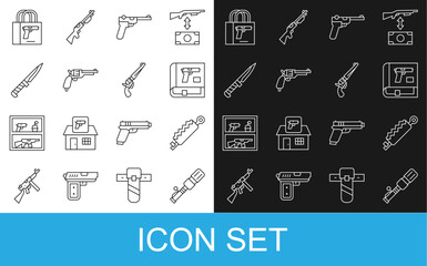 Set line Anti-tank hand grenade, Trap hunting, Book with pistol or gun, Mauser, Revolver, Military knife, Buying and icon. Vector