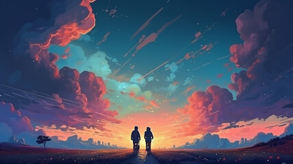 generative AI, illustration painting,couple in love cycling in front of night sky with colorful clouds, art  