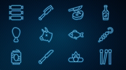 Set line Matches, Grilled shish kebab, Steak meat and knife, Cow head, Chicken leg, Sausage, Fish and Meat chopper icon. Vector