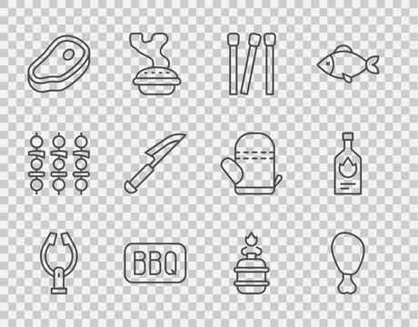 Set line Meat tongs, Chicken leg, Matches, Barbecue, Steak meat, Knife, Camping gas stove and Tabasco sauce icon. Vector